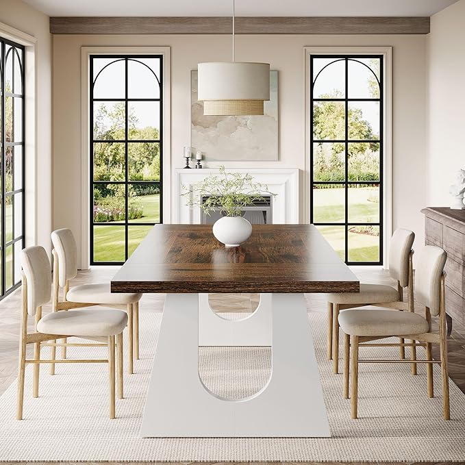 Tribesigns Large Dining Table for 6-8 People, 70.9" Wood Rustic Rectangular Table with White Wooden Legs, Farmhouse Center Kitchen Table for Dining Room, Living Room, Home Furniture (Brown & White)