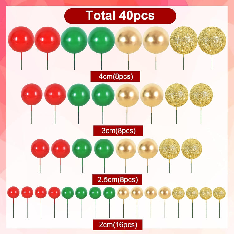 BEISHIDA 40 Pcs Ball Cake Toppers Mini Balls Cake Decorations Red Green Gold Silver Sticks Foam Balls DIY Cake Topper Insert Balls Cake Decorations for Baking Christmas Party Decorations