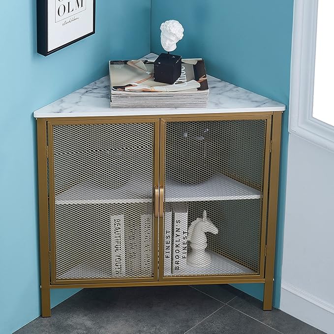 VECELO Corner Cabinet Table with 3-Tier Shelf, Freestanding Storage Organizer for Small Space in Living Room/Bedroom/Kitchen, Two Doors, Gold