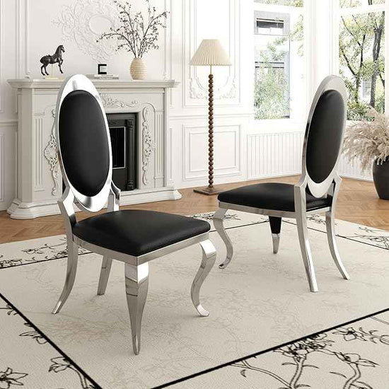 Modern Dining Chairs Set of 6, Luxury Faux Leather Upholstered Armless Dining Room Chair with Mirrored Stainless Steel Silver Legs, Mid Century Accent for Wedding Party Banquet Reception, Black