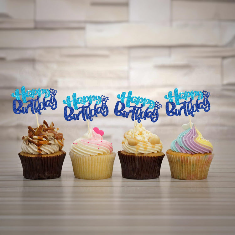 24Pcs Happy Birthday Cupcake Toppers Double Layer Glitter Happy Birthday Cake Decorations for Baby Shower Theme Kids Boys Girls Birthday Anniversary Party Decorations Supplies Blue (24 Count)