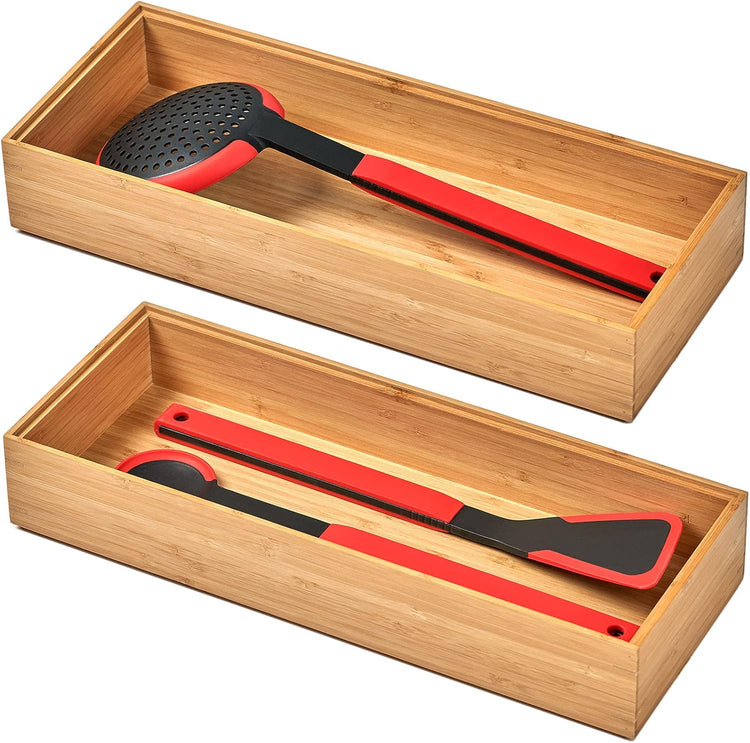 Umilife Bamboo Kitchen Drawer Organizer Boxes with Anti-Skid Silicone Feet, 2pcs Stackable Storage Bins for Kitchen Utensils & Silverware & Desk Drawer & Makeup, Tools Holder, 15”L x 6”W x 2.5”D Each