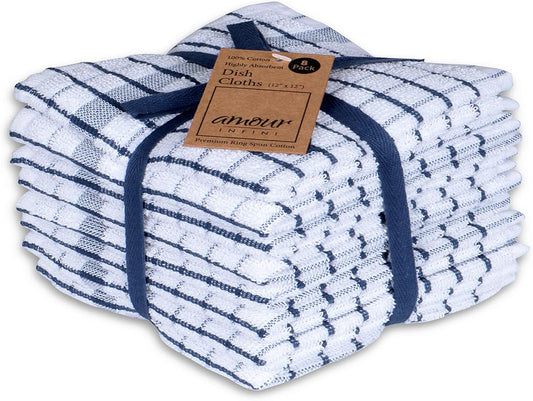 AMOUR INFINI Kitchen Dish Cloths Set of 8 - Ultra Soft, Highly Absorbent, Quick-Drying Terry Cotton Dishcloths 12"x12" Inch Wash & Cleaning Cloths for Kitchen & Dishwashing (Blue) - Nestoria