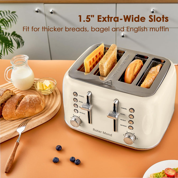 Toaster 4 Slice Retro Stainless Steel with Extra Wide Slots Bagel