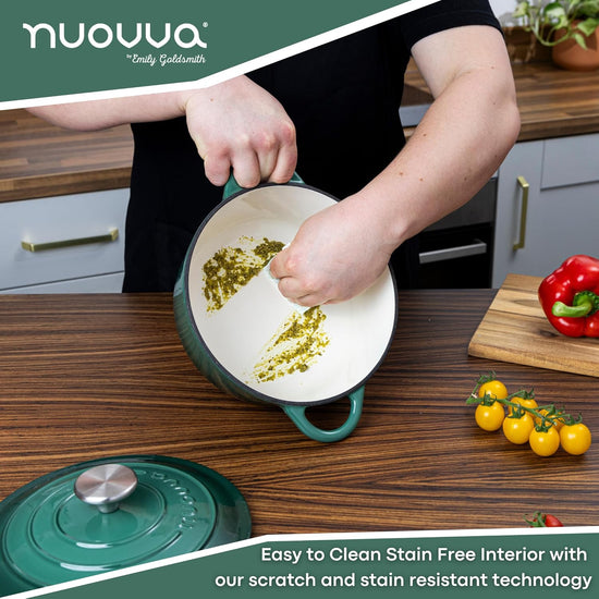 Cast Iron Dutch Oven with Lid – Non-Stick Ovenproof Enamelled Casserole Pot – Sturdy Dutch Oven Cookware – Dark Green, 5-Quart, 24cm – by Nuovva - Nestoria