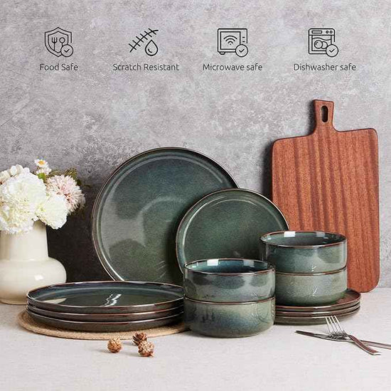 E-far Dinnerware Sets for 6, 18-Piece Stoneware Plates and Bowls Set, Ceramic Dishes Reactive Glaze Dinning Ware, Microwave & Dishwasher Safe - Obsidian Green