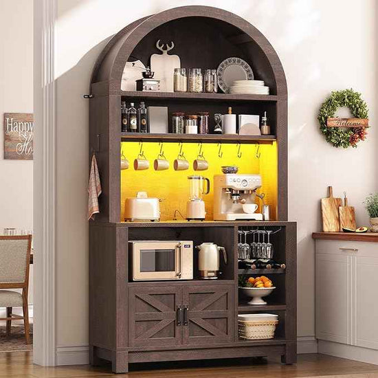 Itaar 73" Tall Arched Bakers Rack with Power Outlet and LED Light, Farmhouse Coffee Bar Cabinet, Kitchen Microwave Stand with Storage for Kitchen, Dining Room, Living Room, Brown
