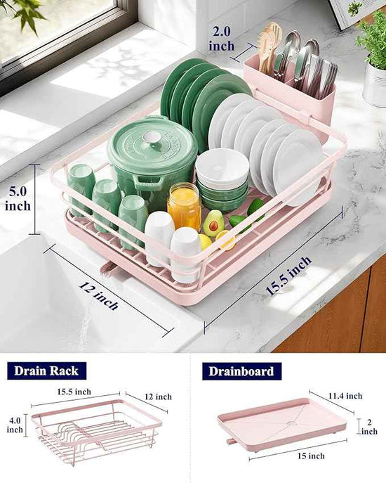 Kitsure Dish Drying Rack for Kitchen Counter, Stainless Steel Sink Organization and Storage Essentials with Cutlery Holder, Home and Appartment Decor, 12''W x 15.5''L, Pink