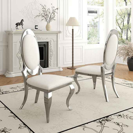 Modern Dining Chairs Set of 4, Luxury Faux Leather Upholstered Armless Dining Room Chair with Mirrored Stainless Steel Silver Legs, Mid Century Accent for Wedding Party Banquet Reception, White