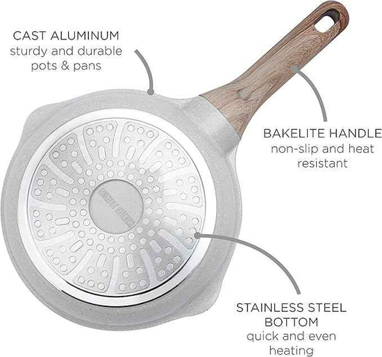 Country Kitchen Non-Stick Cast Aluminum Cookware Set - Durable Kitchen Cookware for Everyday Cooking, Cream, 11 Pc.