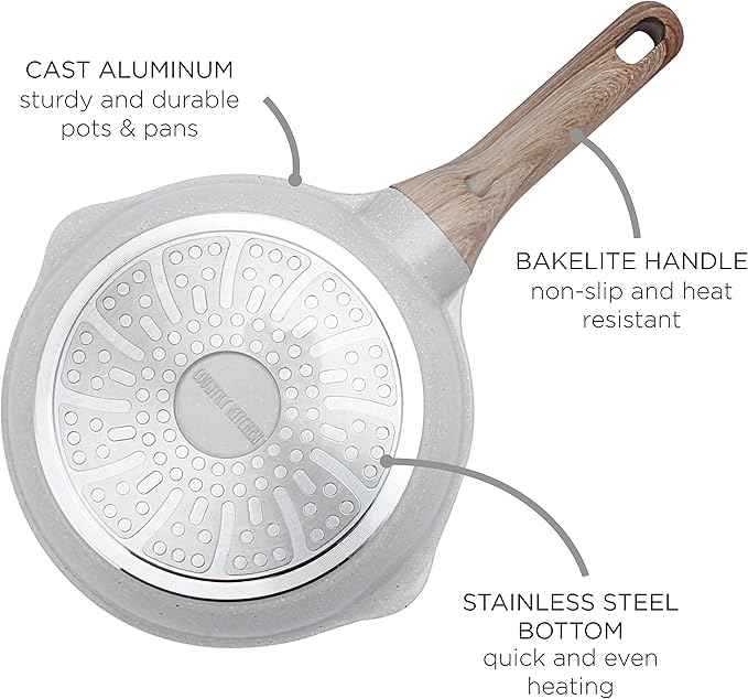 Country Kitchen Non-Stick Cast Aluminum Cookware Set - Durable Kitchen Cookware for Everyday Cooking, Cream, 11 Pc.