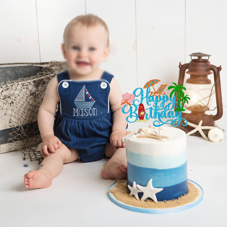 1Pcs Summer Beach Happy Birthday Cake Topper Glitter Ball Tree Umbrella Pool Cake Pick for Hawaiian Holiday Baby Shower Birthday Party Cake Decorations Supplies Blue