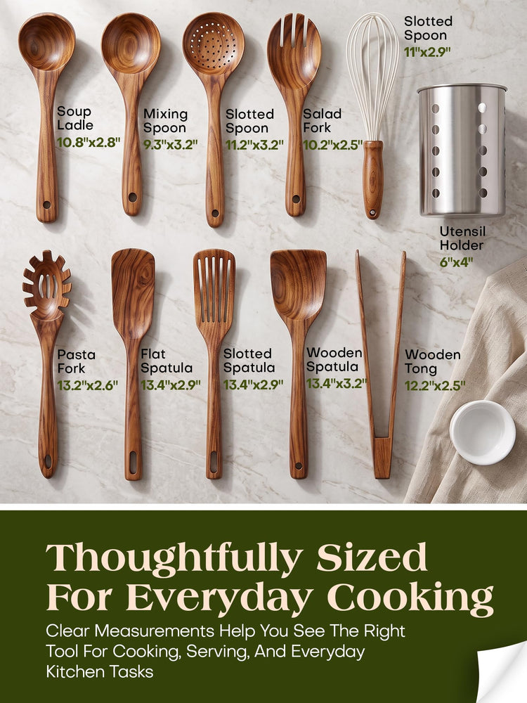 11 Piece Natural Teak Wood Kitchen Utensil Set with Holder (11 Count)