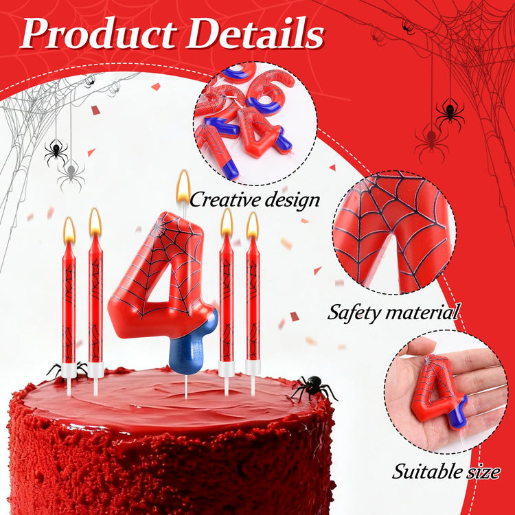 13 Pcs Spider Themed Birthday Candle Set Red Spider Theme Number 4 Candle Cake Topper for Boys Girls Birthday Decoration Spider Party Decoration Supplies (13 Count)