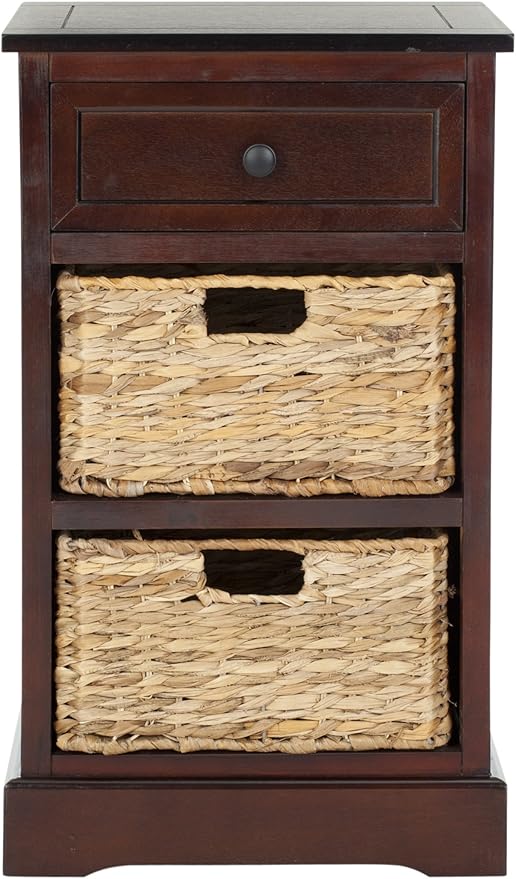 SAFAVIEH Home Collection Carrie Dark Cherry / Natural Wicker 3-Drawer Storage Nightstand Side Table (Fully Assembled)