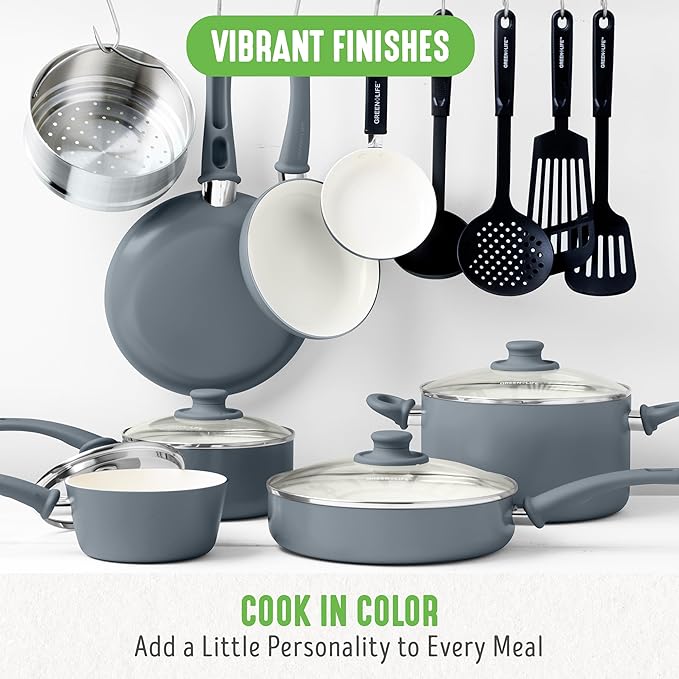 GreenLife Soft Grip Healthy Ceramic Nonstick 18 Piece Kitchen Cookware Pots and Frying Sauce Saute Pans Set, PFAS-Free with Kitchen Utensils and Lid, Dishwasher Safe, Gray