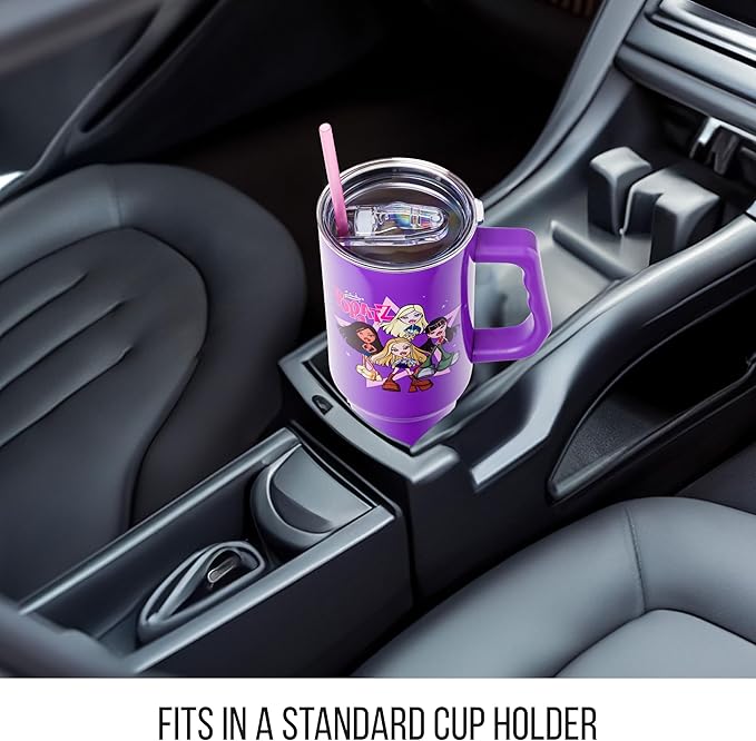 Silver Buffalo Bratz Featuring Cloe, Yasmin, Jade, and Sasha Double Walled Stainless Steel Tumbler with Handle and Straw, Fits in Standard Cup Holder, 40 Ounces