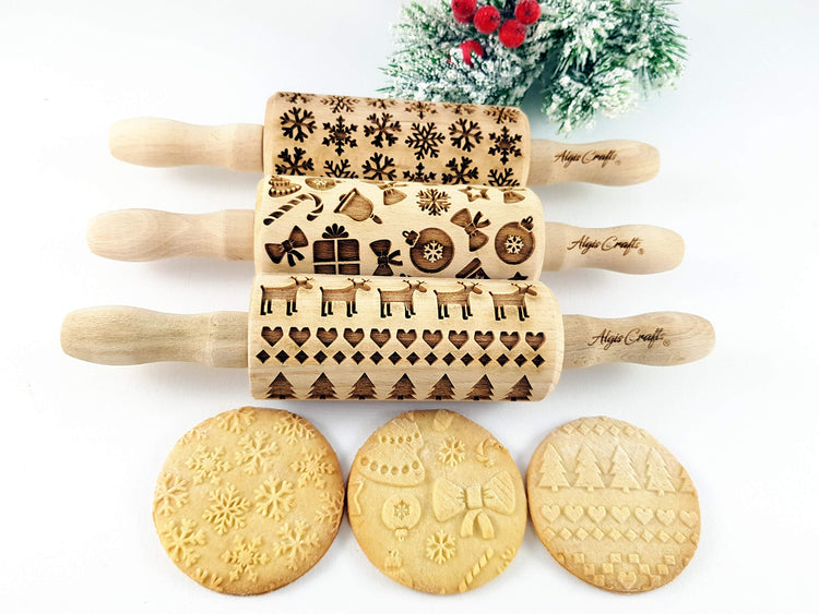 CHRISTMAS 3 Mini Embossed Rolling Pin Set Wooden Laser Engraved Textured rolling pins with Snowflakes