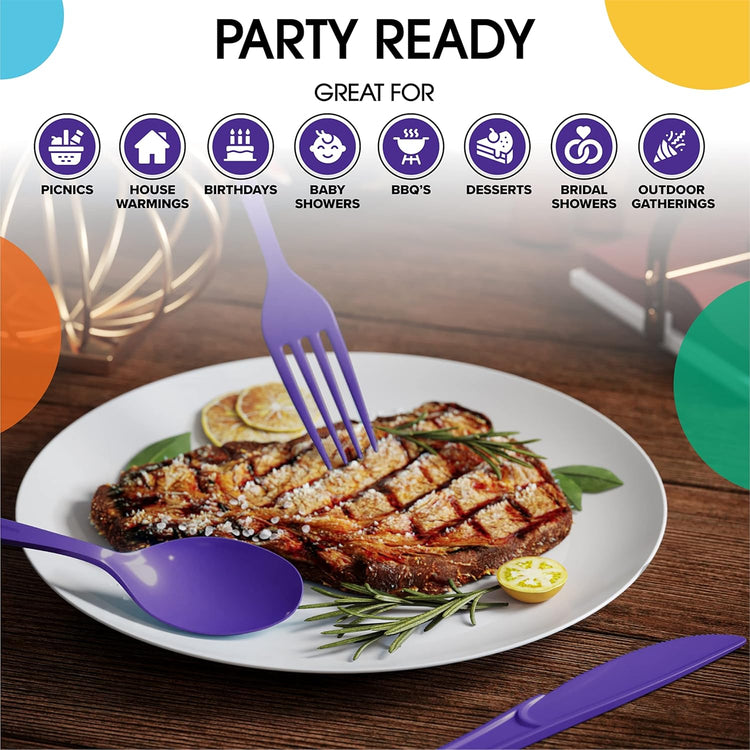 Purple Plastic Spoons 200 Pcs Purple Spoons Disposable Utensils Heavy Duty Plastic Cutlery Set Disposable Cutlery Sets Flatware Sets Silverware Set Party Supplies & Party Tableware Party Solids