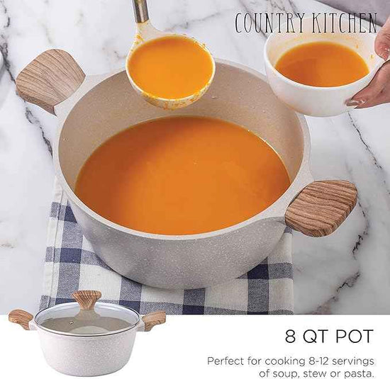 Country Kitchen Non-Stick Cast Aluminum Cookware Set - Durable Kitchen Cookware for Everyday Cooking, Speckled Cream, 6 Pc.