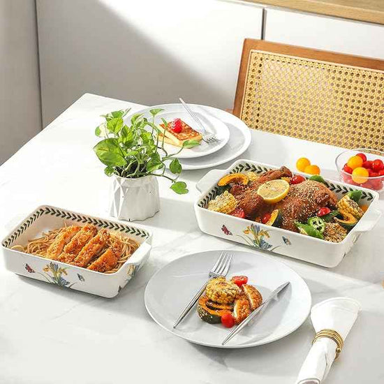 Ceramic Iris Baking Casserole Dish with Handles, Large 2 pieces 8x13 inch & 6x10 inch Lasagna Baking Dish and Middle Flower Andplant Baking Pan,Porcelain Serving Bakeware Set
