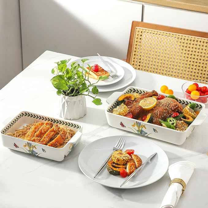 Ceramic Iris Baking Casserole Dish with Handles, Large 2 pieces 8x13 inch & 6x10 inch Lasagna Baking Dish and Middle Flower Andplant Baking Pan,Porcelain Serving Bakeware Set