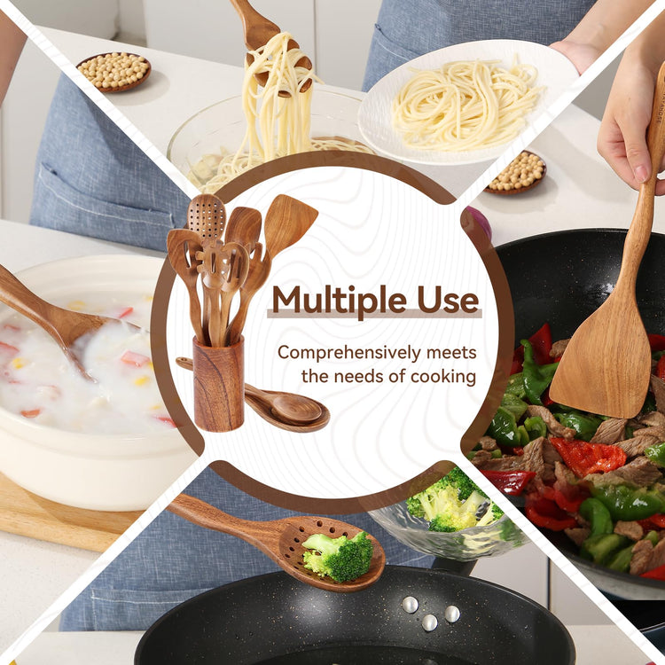 Kitchen 10PCS Teak Wooden Utensils Set With Holder and Spoon Rest (10 Count)