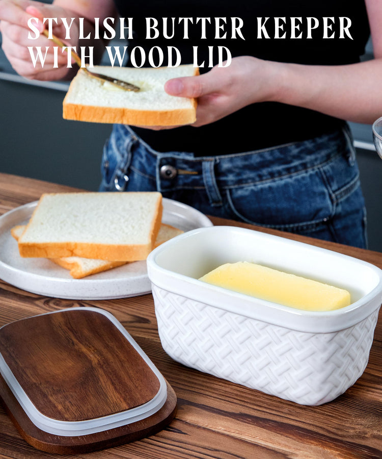 Ceramic Butter Dish Embossed Butter Keeper with Wood Lid for Countertop