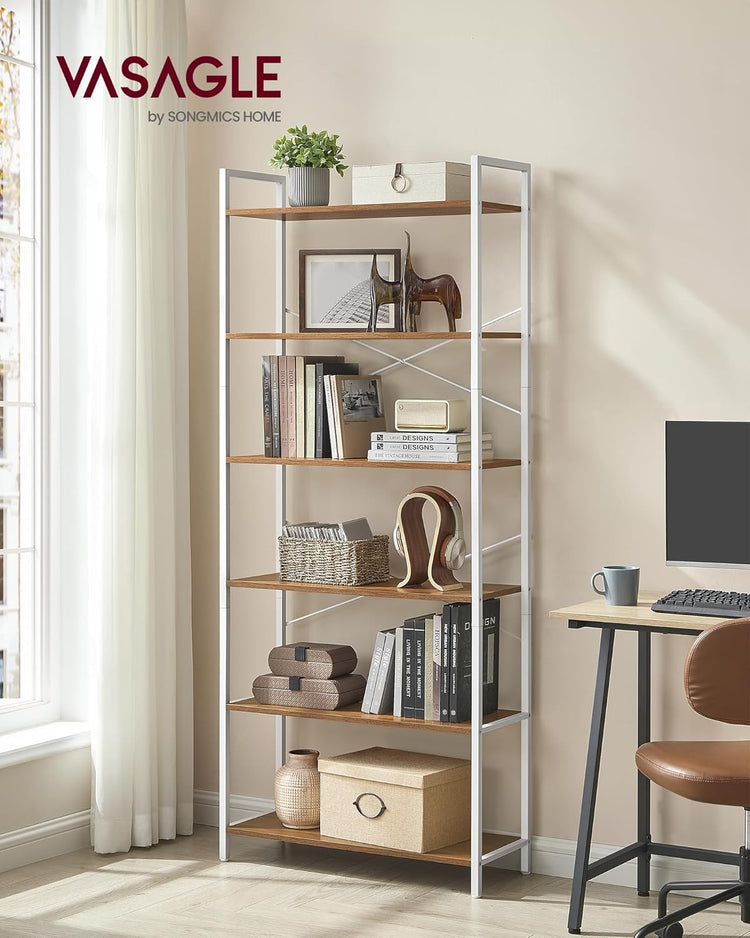 VASAGLE 6-Tier Bookshelf, Bookcase with Steel Frame, Book Shelf for Living Room, Home Office, Study, 11.8 x 31.5 x 73.2 Inches, Industrial Style, Honey Brown and Cloud White ULLS082K01