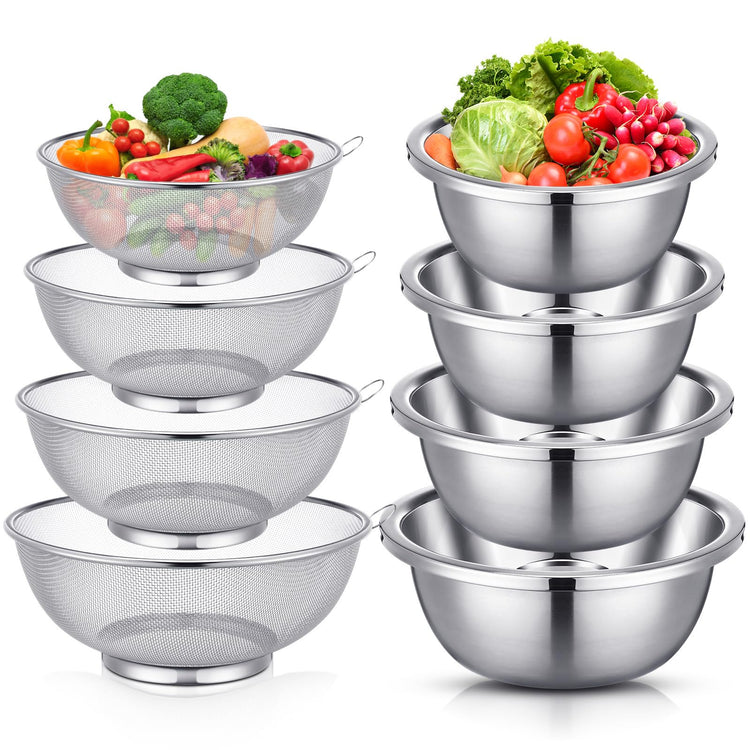 8 Pcs Stainless Steel Microporous Colander Set with 1.2qt 2qt 3qt 5qt Capacity Strainer with Metal Mixing Bowls (8 Count)
