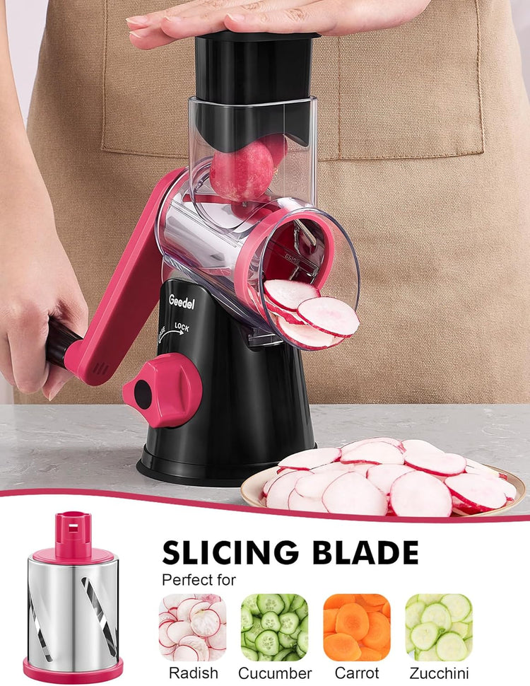 Geedel Rotary Cheese Grater, Kitchen Mandoline Vegetable Slicer with 3 Interchangeable Blades, Easy to Clean Rotary Grater Slicer for Fruit, Vegetables, Nuts