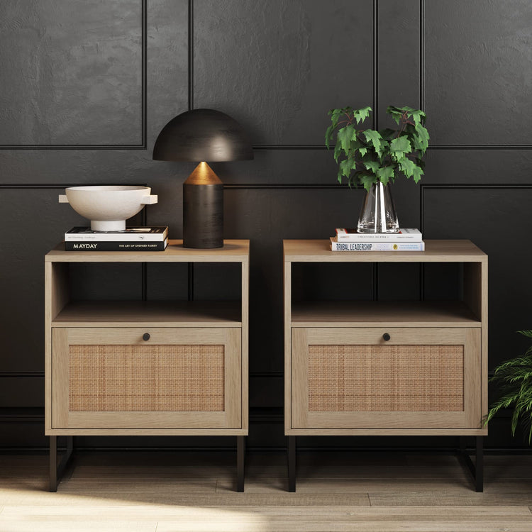 Mina Side End or Accent Table in a Natural Oak Wood Finish & Matte Black Accents with Storage for Living Room or Nightstand for Bedroom