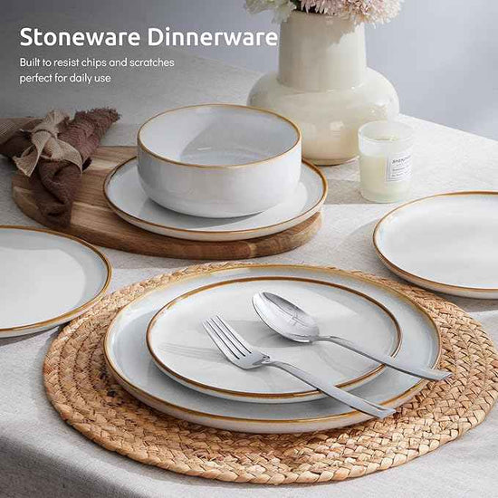 E-far Plates and Bowls Set for 2, 6-Piece Stoneware Dinnerware Sets, Ceramic Dinning Ware Reactive Glaze Dishes Set, Microwave & Dishwasher Safe - Seashell White
