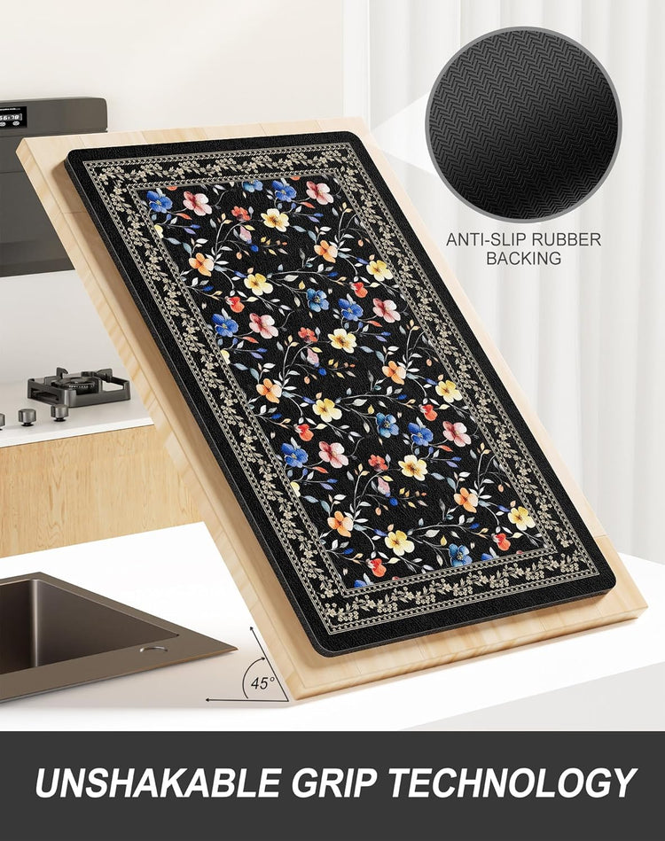 Rnivvi Dish Drying Mat for Kitchen Counter, 12 x 19" Cute Flower Theme Super Absorbent Draining Pad, Non-Slip Heat Resistant Coffee Bar Mat for Coffee Machine Station Accessories, Retro Dish Rack Pad