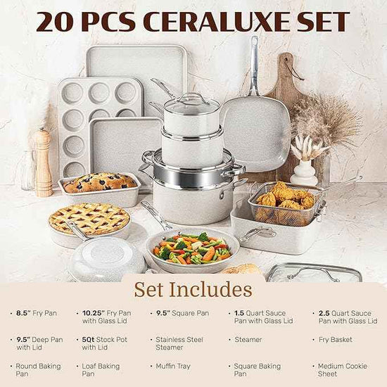 Granitestone Ceraluxe 20 Pc Ceramic Cookware Set Nonstick, Complete Pots and Pans Set Non Stick with 5 Pc Bakeware Set, Deep Frying Pan Set, & Steamer, Non Toxic PFOA Free, Oven & Dishwasher Safe