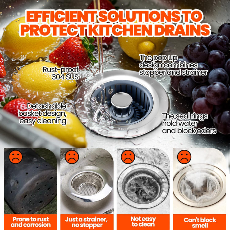 3 in 1 Kitchen Sink Drain Strainer and Stopper Silver 1 Pack