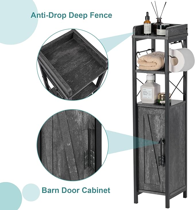 VECELO Small Bathroom Cabinet,Slim Toilet Paper Holder with Door&2 Shelves, Upgraded Narrow Storage Organizer for Restroom Bathroom Tiny Space,Metal Scroll Fenced Top Waterproof Coating,Gray