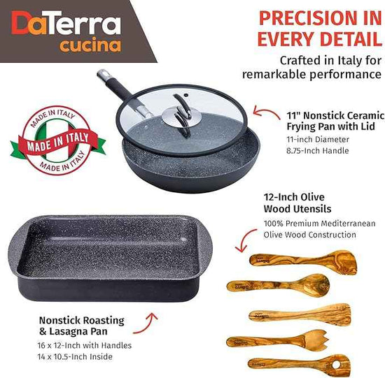 DaTerra Cucina Nonstick Italian Bundle – Roasting & Lasagna Pan, 11" Frying Pan with Lid, 5-Piece Olive Wood Cooking Utensils Set – Oven Safe, PTFE & PFOA Free - Made in Italy, Ceramic