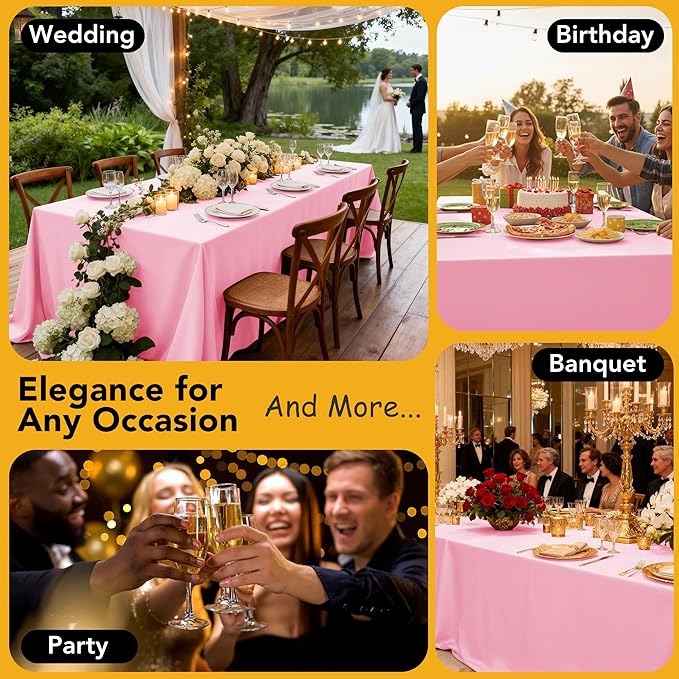 6-Pack Pink Tablecloths for Square Tables, 70 x 70 Inches, Stain-Resistant Polyester Fabric for 3 Foot Tables - Washable Table Covers for Weddings, Banquets, Birthday Parties, Events