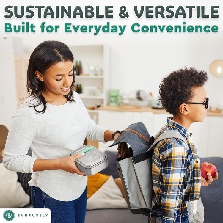 Everusely - Bento Box - Green, 47oz / 1.4 L - Stainless Steel Lunch Box with Leakproof Condiment Container - 3 Compartment Snack Organizer for On the Go Meals - Freezer & Dishwasher Safe