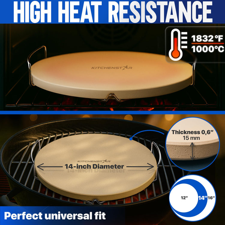 14 inch Pizza Stone for Oven and BBQ Grill with Handles
