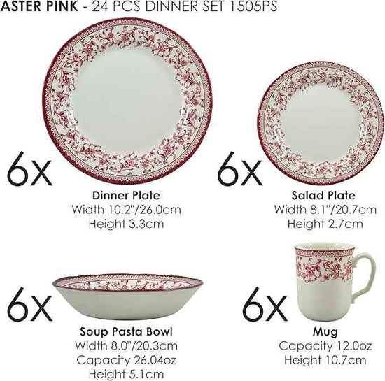 Tudor Royal 24-Piece Round Dinnerware Set, Service for 6, Aster Pink Design, Red Floral, Plates Bowls Mugs Dishes, High Gloss Premium Quality