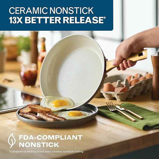 Farberware Forged Induction Ceramic Nonstick Pots and Pans Set with Cooking Tools, Dishwasher Safe, Gold Color Stainless Steel Handles, 12 Piece Cookware Set - Taupe