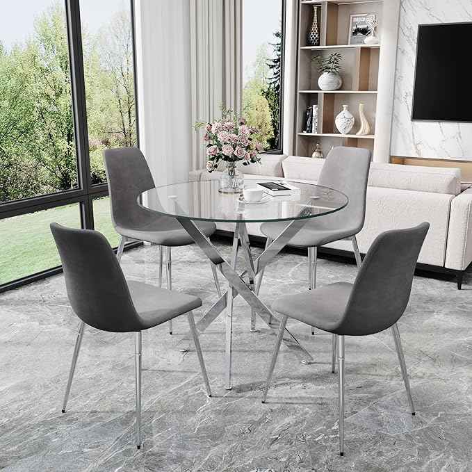 36" Round Glass Dining Table Set for 4, 5-Piece Modern Kitchen Table with 4 Grey Velvet Small Chairs, Modern Circle Leisure Tables for Home Office Dining Room Small Spaces (Silver Leg)