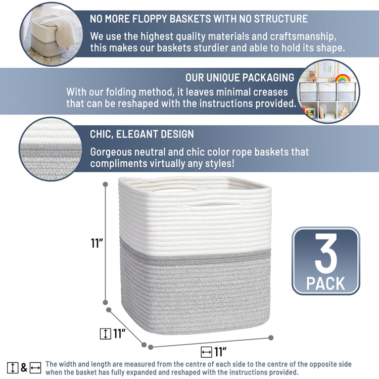 Storage Cubes 11 Inch Cotton Rope Woven Baskets for Organizing (3 Count)