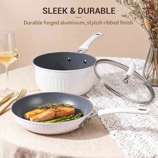 Ammeloo 15-Piece Ribbed Ceramic Cookware Set, Pots and Pans Set Non Stick, Induction Ready, Healthy Non Toxic Kitchen Cooking Set PFAS/PFOA/PTFE-Free, Silicone-wrapped Stay-Cool Handle