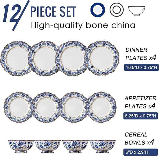 ACMLIFE 12-Piece Bone China Dinnerware Set, Blue and White Vintage Floral Dinnerware Set Service for 4, Lightweight Plates and Bowls Set with Gift Box (Blue-B)