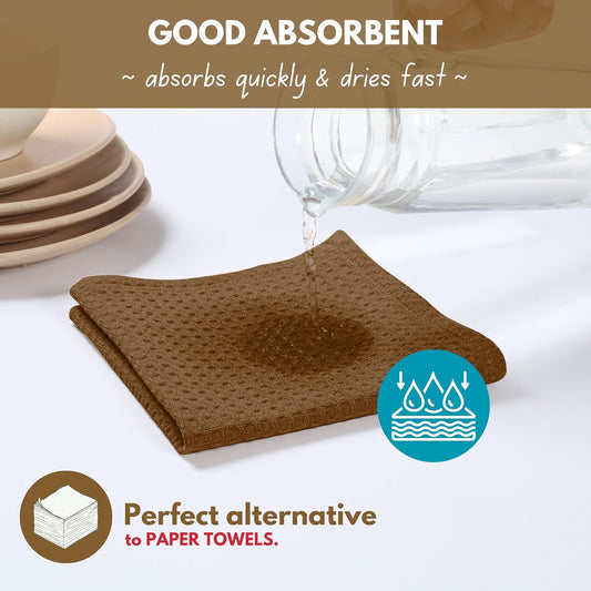 Native Fab Cotton Dish Towel 4 Pack Waffle Weave Tea Towels for Cleaning Drying, 16x26 inches, Soft & Absorbent Washcloths, Kitchen Towel with Hanging Loop, Dish Cloth Set, Brown - Nestoria