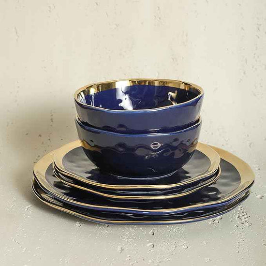 Stone Lain Florian Modern Porcelain Dish Set, 32-Piece Dishes for 8, Gold and Blue