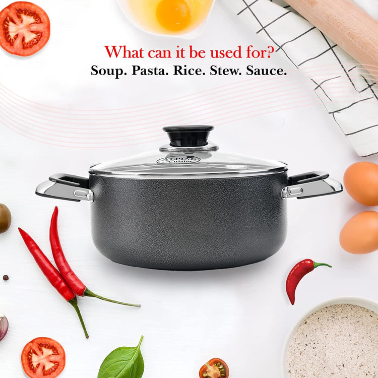 Alpine Cuisine 3 Quart Non-stick Stock Pot with Tempered Glass Lid and Carrying Handles, Multi-Purpose Cookware Aluminum Dutch Oven for Braising, Boiling, Stewing
